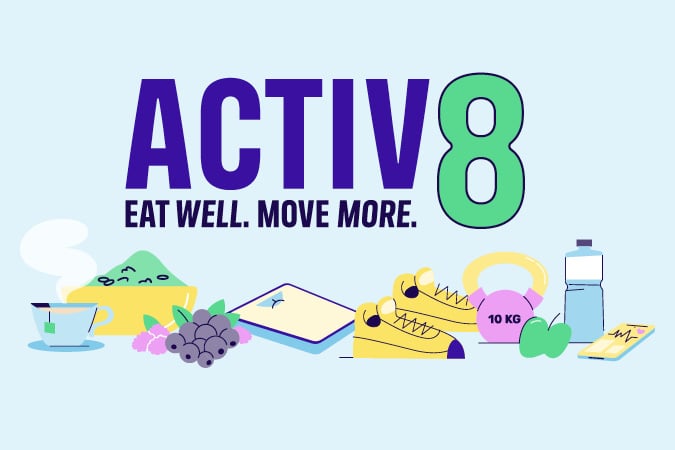 Graphic with the text ACTIV8 EAT WELL. MOVE MORE. surrounded by icons of healthy food, a kettlebell, trainers, a water bottle, and a digital watch.