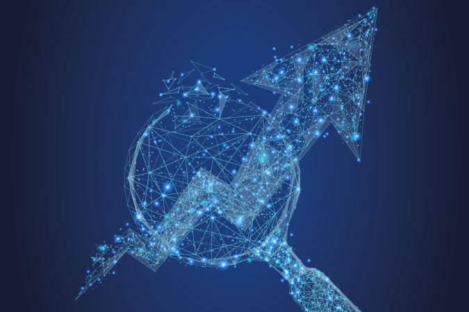 A digital wireframe illustration of a magnifying glass over a globe with an upward-trending arrow, symbolising early-onset cancer data.