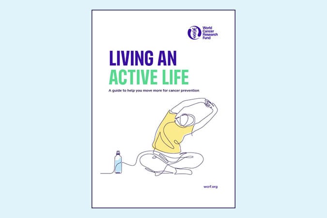 Cover of the World Cancer Research Fund guide Living an Active Life, featuring a line drawing of a person stretching next to a water bottle.