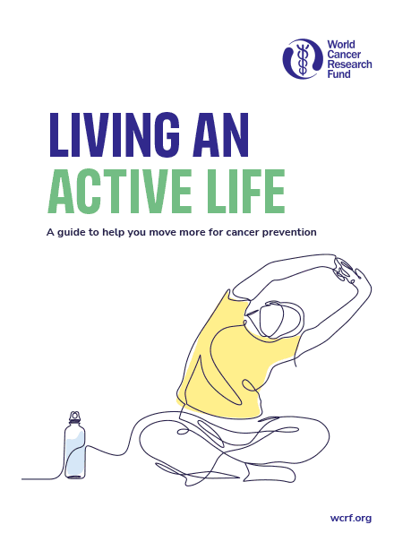 Cover of the World Cancer Research Fund guide Living an Active Life, featuring a line-art illustration of a person stretching next to a water bottle.